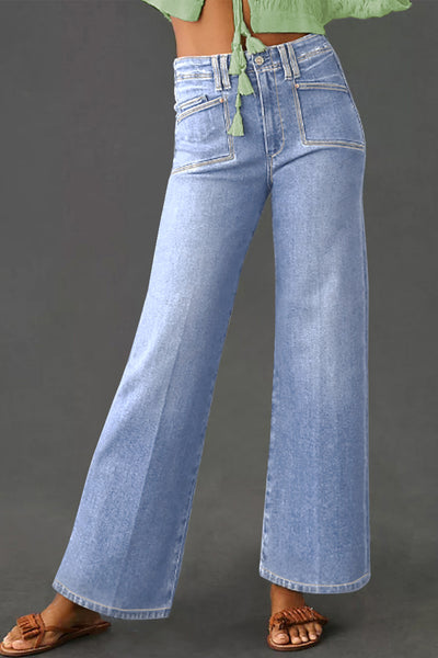 Beau Blue Loose Straight Leg Cropped High Waist Jeans