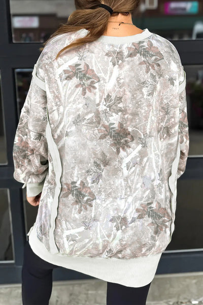 Gray KENTUCKY Raw Seam Detail Leafy Camouflage Baggy Sweatshirt