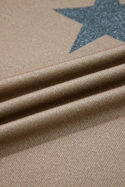 Khaki Retro Star Print Loose Long Sleeve Drawstring Wide Leg 2pcs Lounge Set