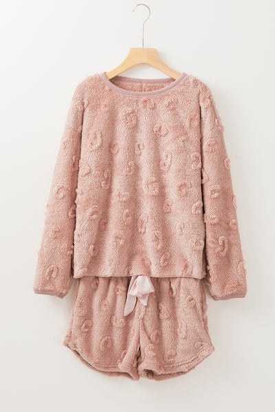 Light Pink Textured Leopard Fleece Loose Two Piece Lounge Set
