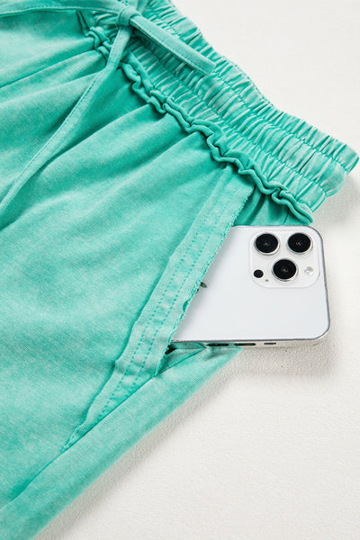 Sea Green Mineral Washed Drawstring Elastic Waist Raw Cut Shorts