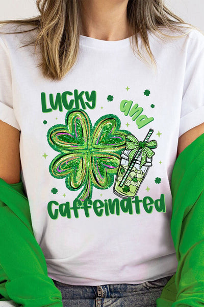 White Lucky and Caffeinated Clover Graphic St Patrick Tee