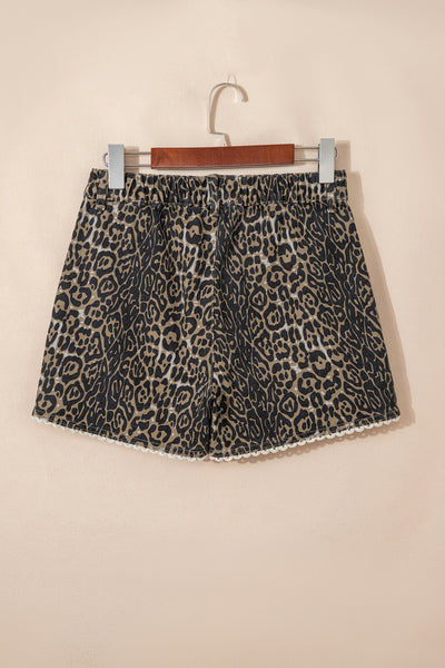 Khaki Contrast Scalloped Lace Trim Leopard Denim Shorts