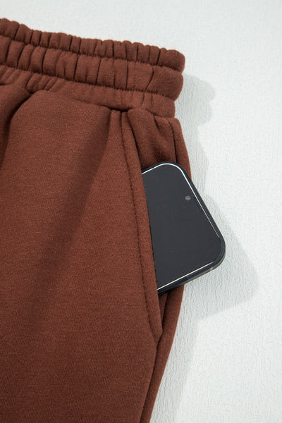 Dearlovers Coffee Fleece Lined Leopard Drawstring Elastic Waist Solid Pants