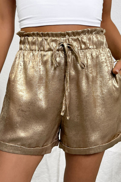 Gold Metallic Luster Tie Elastic Waist Cuffed Hem Shorts