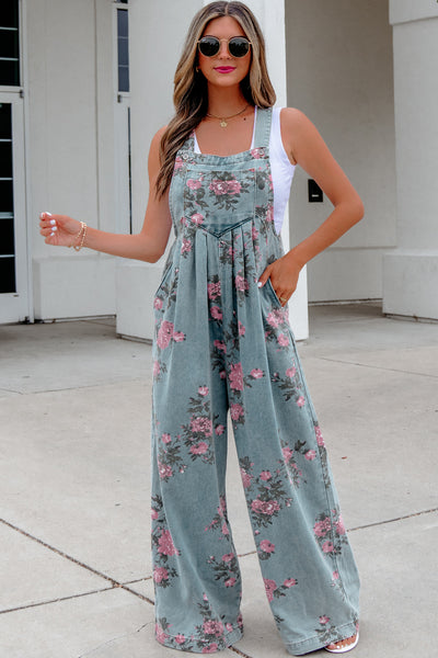 Beau Blue Floral Print Pleated High Waist Wide Leg Denim Jumpsuit