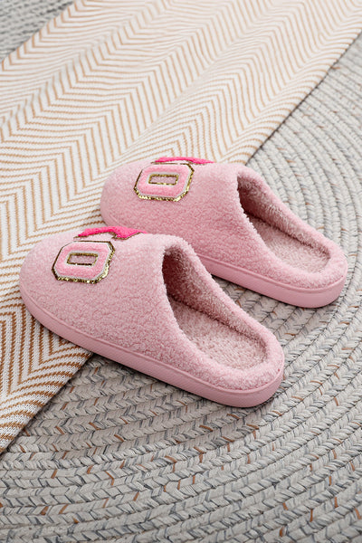 Pink XO XO Glitter Trim Letter Patched Plush House Slippers