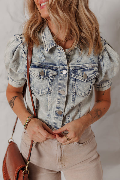 Beau Blue Light Wash Buttoned Chest Pocket Puff Sleeve Denim Jacket