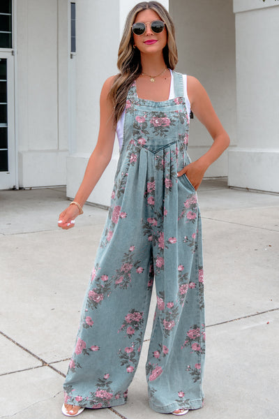 Beau Blue Floral Print Pleated High Waist Wide Leg Denim Jumpsuit