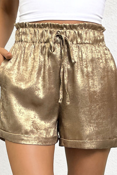 Gold Metallic Luster Tie Elastic Waist Cuffed Hem Shorts