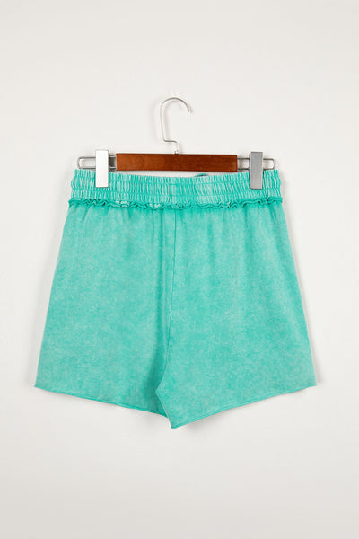 Sea Green Mineral Washed Drawstring Elastic Waist Raw Cut Shorts