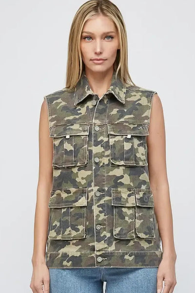 Green Camo Cargo Denim Vest