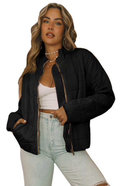 Black Zip-Up Pocket Quilted Jacket