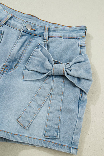 Beau Blue Bow Detail Denim Shorts with Pockets