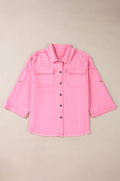 Bonbon Pearl Beaded Raw Hem Button Up Denim Jacket