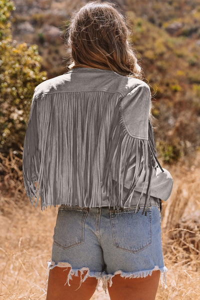 Gray Cropped Fringe Faux Suede Jacket