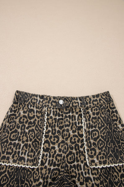 Khaki Contrast Scalloped Lace Trim Leopard Denim Shorts