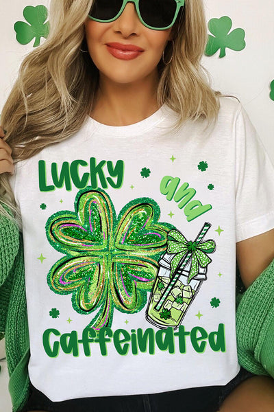 White Lucky and Caffeinated Clover Graphic St Patrick Tee
