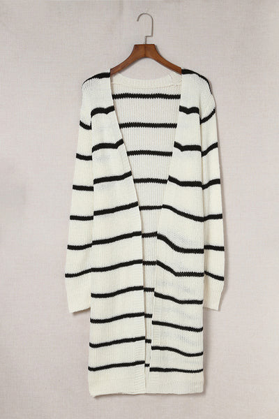Woven Right Striped Open Front Rib-Knit Duster Cardigan