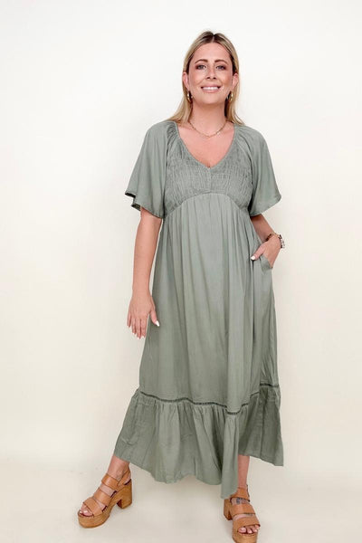Heyson Smocked Bust Butterfly Sleeve Midi Dress with Pockets
