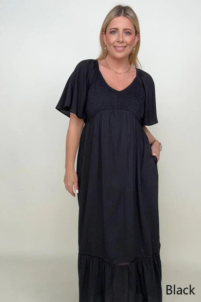 Heyson Smocked Bust Butterfly Sleeve Midi Dress with Pockets